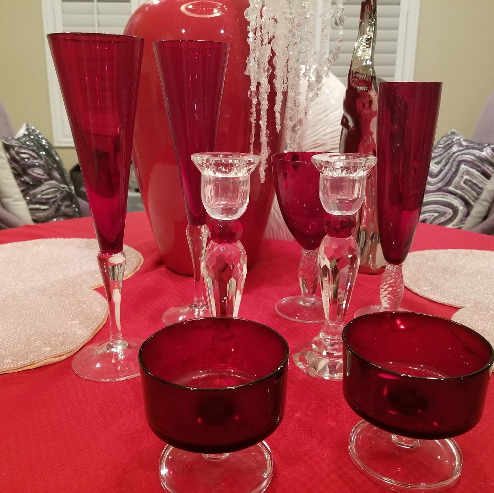 6 Red Crystal glasses and 2 Candle Holders